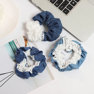 Three-piece denim and lace scrunchie set for women in blue and light blue colors