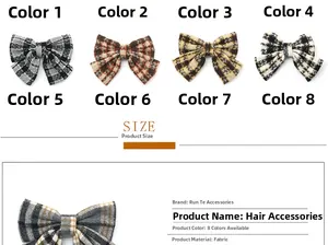 Detailed chart showing eight color options of plaid bow hair clips with size specifications