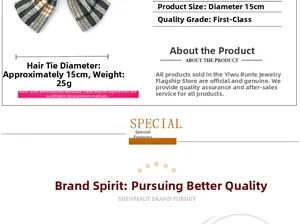 Detailed view of black and white plaid hair scrunchie showing 15cm diameter size and weight