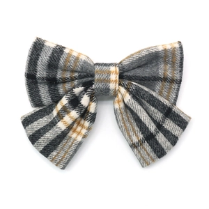 British style plaid tweed bow hair clip with grey and yellow vintage pattern