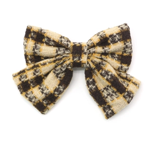 Vintage plaid bow hair clip with textured wool fabric in black and yellow check pattern