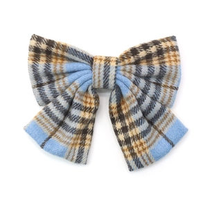 Vintage wool blend plaid bow hair clip featuring classic blue and brown tartan pattern