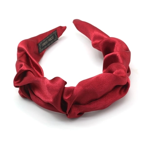 Elegant deep red wide pleated satin headband with a twisted design for women