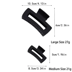 Matte black square hair claw clips in large and medium sizes with dimensions and weight