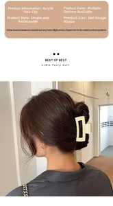 Detail of a minimalist cream-white square hollow acrylic hair claw clip worn by a model