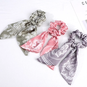 French Vintage Satin Hair Scrunchie With Long Streamer Bow Paisley Pattern Polka Dot Elegant Elastic Hair Tie For Women