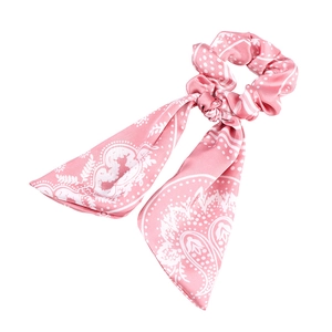 Pink paisley satin scrunchie with long ribbons on a white background for women