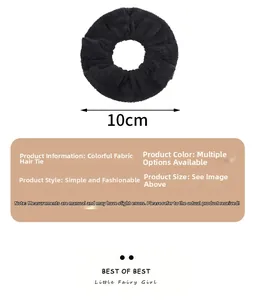 Detail view of 10cm black terry cloth scrunchie with soft ruffled texture and dimensions