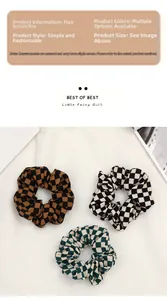 Close-up of checkerboard pattern scrunchies in brown, black, and green woven fabric