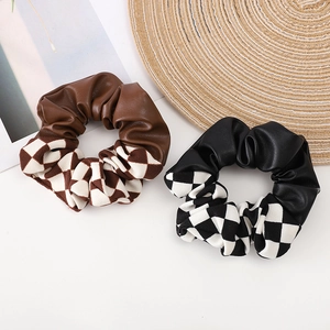 Women Checkerboard Patchwork PU Leather Fabric Scrunchies Elastic Hair Ties Retro Elegant Hair Bands Girls Hair Accessories