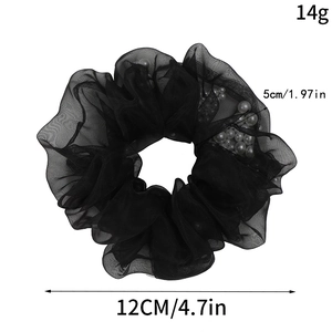 Black mesh hair scrunchie with pearls, 12cm diameter and 14g lightweight hair accessory