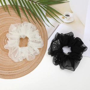 Elegant mesh scrunchies set in beige and black with embedded pearls for women hair