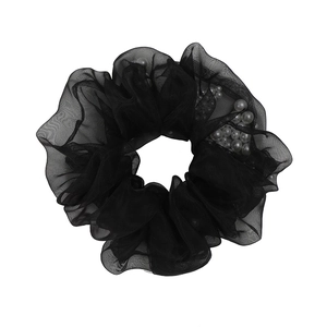 Elegant black mesh scrunchie with embedded pearls for women minimalist hair accessories