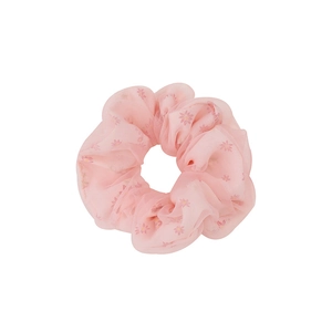 Sweet pink organza scrunchie with delicate floral pattern for elegant ponytails