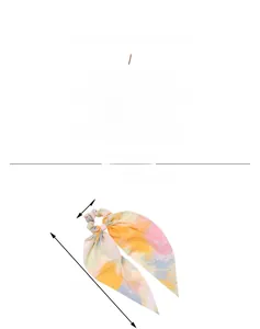 Detail of colorful tie-dye bow scrunchie showing 40cm long streamers and dimensions