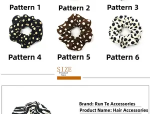 Detail view of retro polka dot and zebra pattern fabric scrunchies for hair styling