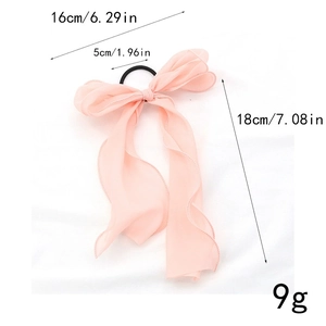 Pink chiffon hair scrunchie with long bow ribbon streamers 16x18cm size detail
