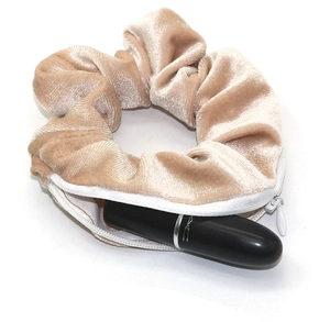 Champagne velvet hair scrunchie with hidden zipper pocket for lipstick storage