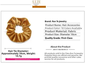 Close-up detail of golden velvet scrunchie showing 10cm diameter and 14.7g weight