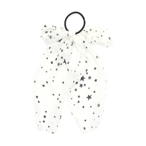 White star print bow scrunchie with long chiffon ribbons and black elastic hair tie