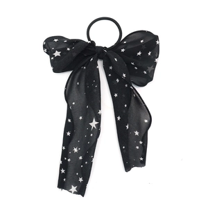 Black chiffon bow hair scrunchie with white star print and long elegant ribbon streamers