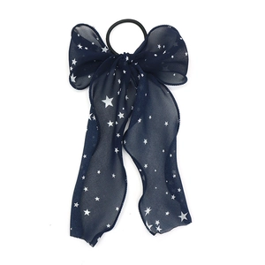 Star pattern chiffon bow hair scrunchie with long streamers for high ponytail styling