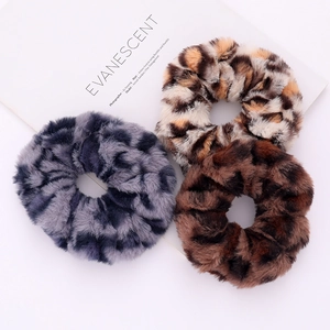 Three-piece leopard print plush scrunchies set in faux rabbit fur for hair styling