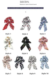 Collection of ten floral print hair scrunchies with long ribbons in diverse patterns