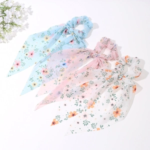 French Style Floral Print Chiffon Scrunchies With Long Ribbon Bow Streamer Hair Ties For Women Ponytail Hair Accessories