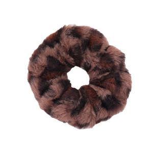 Leopard print plush faux fur scrunchie with soft fluffy texture and high elastic band