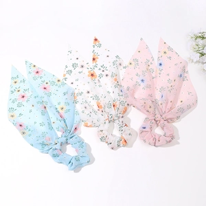 Floral chiffon hair scrunchies with long ribbons in blue, white, and pink set
