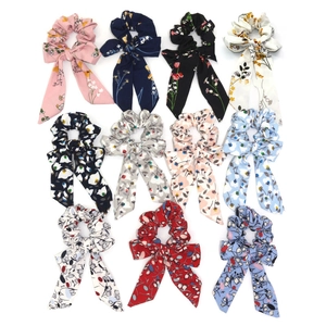 Floral Print Fabric Scrunchies With Long Bow Streamers Ribbon Hair Ties For Women Girls Elegant Daily Hair Accessories