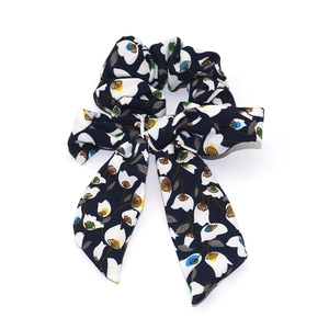 Floral print scrunchie with long ribbons in dark blue vintage botanical pattern