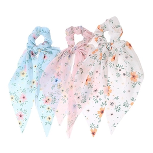 Floral chiffon hair scrunchies set with long ribbons in blue, pink, and white styles