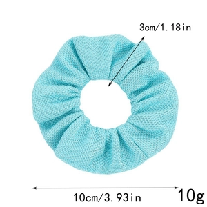 Light blue mesh scrunchie detail with size measurements 3cm inner and 10cm outer diameter