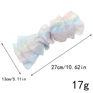 Detail view of colorful iridescent chiffon bow hair clip with size dimensions shown