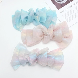 Large Iridescent Organza Bow Hair Clip Rainbow Chiffon Spring Clip Ponytail Holder Sweet Hair Accessories For Women Girls