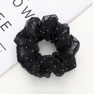 Chouchou élégant en organza noir avec strass à pois blancs brillants pour queues de cheval