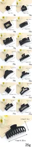Size chart showing dimensions and weight for 15 black matte hair claw clip styles