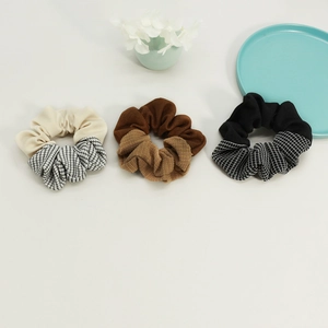 Three-pack vintage striped plaid scrunchies with elegant patchwork fabric design