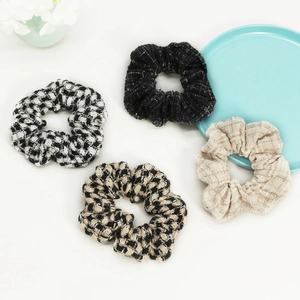 Vintage Tweed Plaid Scrunchie Elegant Chanel Style Fabric Hair Tie Large Hair Ring For Women Daily Accessory
