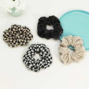 Classic checkered scrunchies set including houndstooth and tweed fabric hair ties