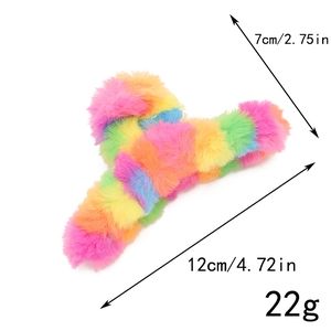 Rainbow plush hair claw clip showing dimensions 12cm length and 7cm width on white background
