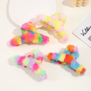 Fuzzy rainbow plush hair claw clips set for women with soft faux fur in pastel colors