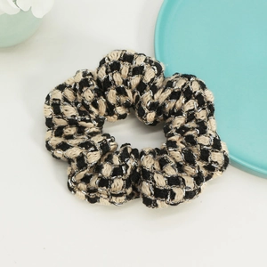 Classic plaid tweed scrunchie in black and cream with silver metallic threads