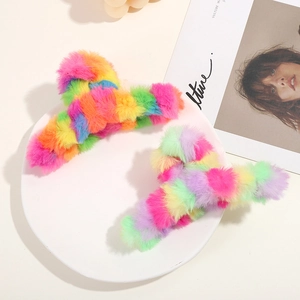 Rainbow faux fur large hair claw clips in a minimalist aesthetic set for women