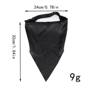 Detailed size chart of black satin triangle headscarf with elastic strap dimensions