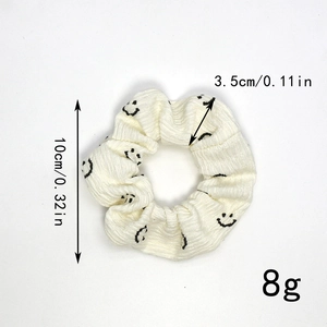 Détails des dimensions du chouchou blanc en coton gaufré avec motifs smileys, 10 cm