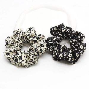 Floral print cotton scrunchie set including white and black small flower hair ties