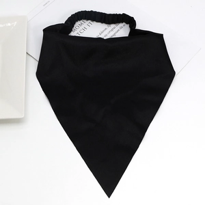 Close-up of black satin triangle bandana headband with elastic strap and glossy finish
